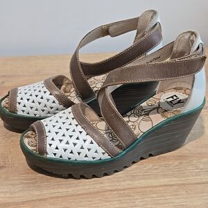 Fly London Ydel Sandals Shoes Womens 37/6-6.5 Wedge White Brown Green Leather